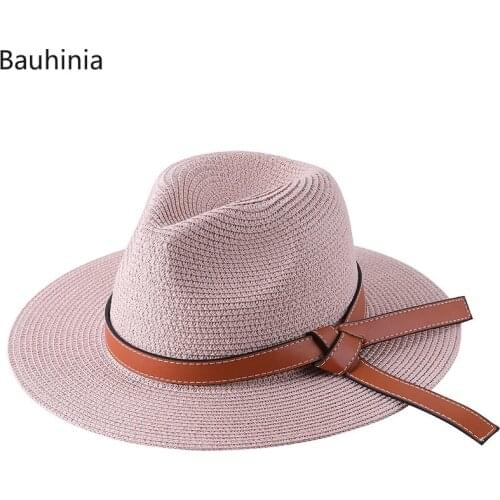 Bauhinia Brand Women Classic Flat Brim Belt Straw Cap Pink Sun Hat Simple Summer Beach Hat Female Casual Panama Hat Lady Fedora