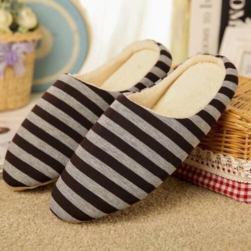 Women Striped Indoor Slippers Non-Slip Warm Autumn Winter Cotton Floor Slippers Unisex Home Chaussures Shoes