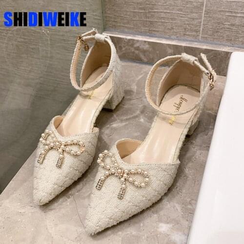 Summer Women Ankle Strap Pumps Low Block Heels Cloth Pointed Toe Wedding Party Crystal D'Orsay Hollow Office Lady Shoes AC896