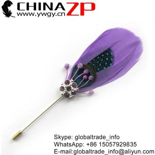 Leading Supplier CHINAZP Factory Unique Handmade Lavender Goose Feather with Rhinestone Brooch Pin