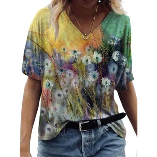 Summer 2021 Creativity 3d Dandelion Print Women T-shirts Big Size Casual Short Sleeve Custom Tops Oversized Ladies Floral Tee