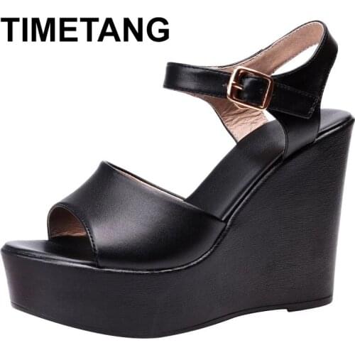 TIMETANG New Black White Fish Mouth Genuine Leather Sandals Wedges Platform High Heeled Sandals 6/8 /11Cm Big Size Women Sandals