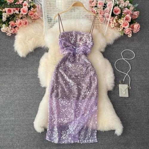 Guilantu Elegant Sexy Club Evening Party Long Dress Women Summer Sleevless Backless Spaghetti Strap Dress Sequined Robe Longue