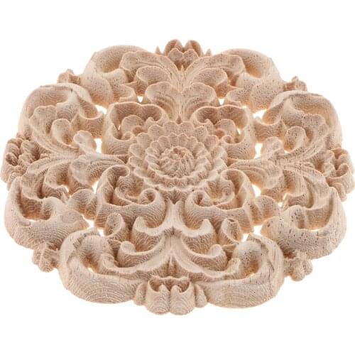 2Pcs Carved Wooden Bed Door Wood Carved Appliques Retro Round Woodcarving Decal Furniture Cabinet Wall Decor Crafts