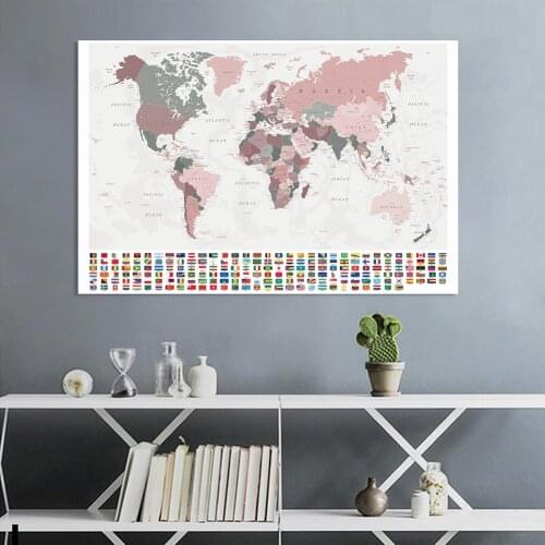 225*150cm The World Political Map with National Flags Retro Poster Vinyl Canvas Painting Home Decor Children School Supplies