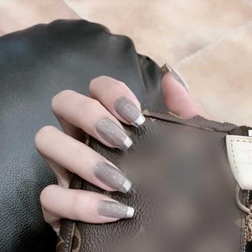 24pcs fake nails french manicure Silver French False nails Detachable gauze Manicure patch press on nails coffin