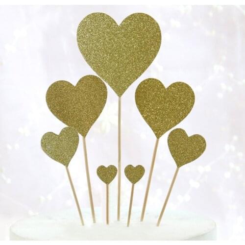 7pcs Bling Shinning Heart Cake Toppers Kids Happy Birthday Gold Cupcake Topper Wedding Valentines Day Party Baby Shower Decor
