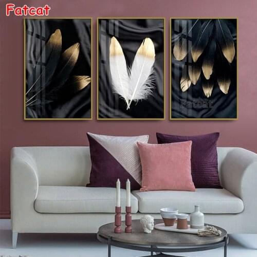 DIY Diamond Painting 3 Panels Abstract Black White Feather Diamonds Embroidery Triptych Painting Rhinestone round Drill PP1478