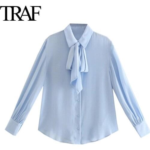 TRAF Women Clothes Fall 2021 New Bow Long Sleeve Blouses Korean Fashion Button Up Shirts Chic Office Ladies Tops Mujer