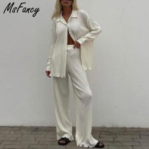 Msfancy Pant Suits Women 2021 White Long Sleeve Shirt Elastic Waist Wide Leg Pants Pajamas Mujer 2 Piece Set Casual Outfit