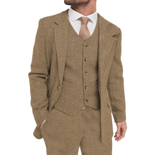 Brown Mens Business Suits Slim Fit Champagne Tuxedos Wool Blazer+Vest+Pant For Party Wedding Banquet Prom Stage Costume