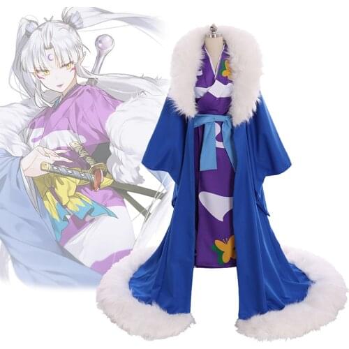 Cosplaydiy Inuyasha Inukimi Sesshoumaru Mother Kimono Cosplay Costume Adult Faux Fur Cloak Dress Costume L320