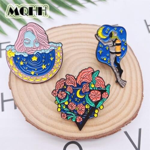 Creative Plant Flowers Astronaut Girl Enamel Pins Space Star Moon Alloy Brooch Cartoon Badge Fashion Woman Jewelry Gift For Kid