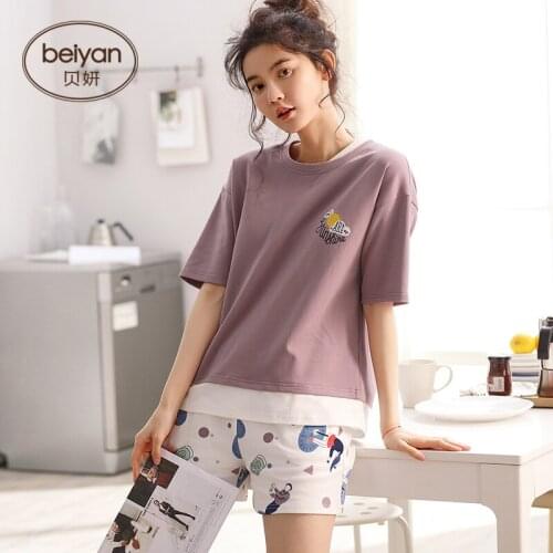 Summer Cotton Ladys Sleepwear Cute Cartoon Slim Short Sleeve Pajamas Set
