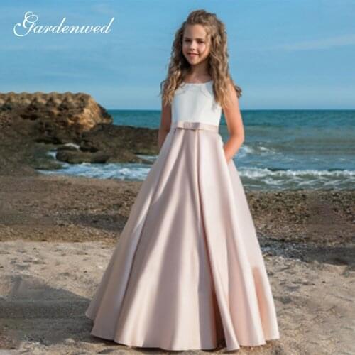 Kids Simple Aline Cute Flower Girl Dress Kids Satin Bow Communion Dresses Girl Backless Elegant Party Girl Dress 2020 Vestidos