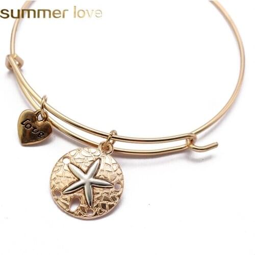 Fashion Starfish Love Heart Pendant Bracelet Adjustable Expandable Sea Star Wire Bangle Gold/Rose Gold Color Women Charm Jewelry