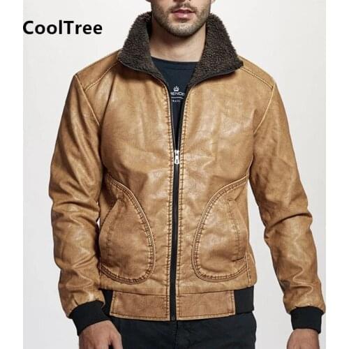 CoolTree Men Leather Jackets Autumn Winter Plus Velvet lining Thick Warm PU Coats Male Slim Zipper Motorcycle Leather Outerwear