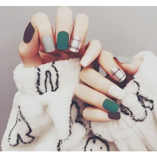 New Fashion Frosted Matte Fake Nail Sheet Plaid Nail Art 24 Pieces Finished DIY Nail Salon Tool Supplies