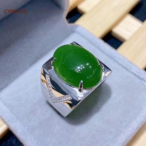 CYNSFJA New Real Rare Certified Natural Hetian Jade Jasper Mens Rings 925 Silver Lucky Amulets Russian Green Jade Fine Jewelry