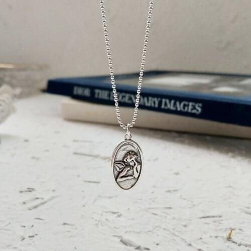 Guardian Angel Pendants Necklace 925 Sterling Silver 45cm-60cm Bead Chain Simple Vintage Design Necklace For Women Charm Jewelry