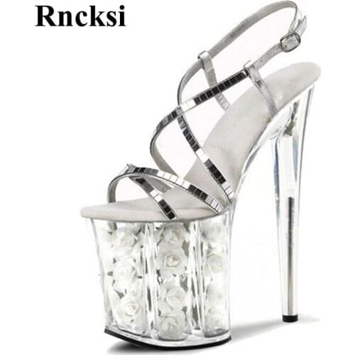 Rncksi 8 inch sexy clear platform sandals white flowers for wedding shoes fashion 20cm transparent dress high heels Dance Shoes