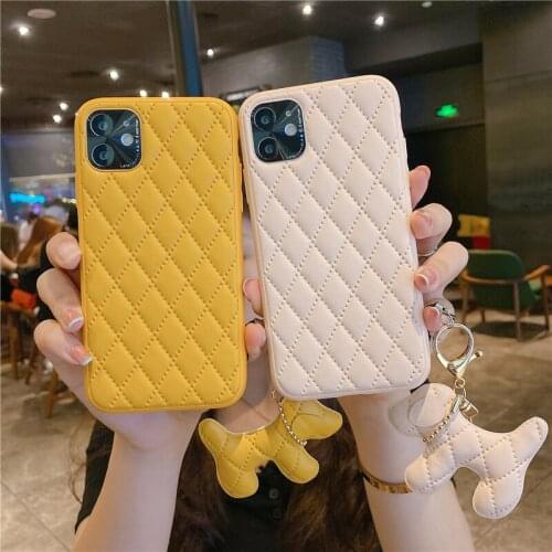 Luxury Brand rhombus PU lambskin For iphone 11 12 pro max XR Xs max 8 7 plus phone case with Dog Ornaments Plaid Cover Phone bag