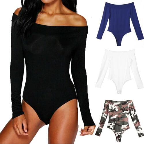 Sexy Bodysuit Women Off Shoulder Long Sleeve Solid Camo Bodysuit Jumpsuit Leotard Tops Plain Stretch Clothes S-XL High Quality