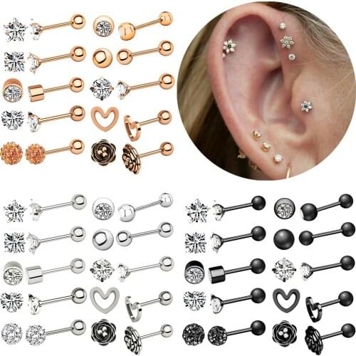 20pcs/set Stainless Steel Lip Nose Piercing Zircon Flower Heart Earring Ear Cartilage Helix Piercing Tragus Conch Body Jewelry