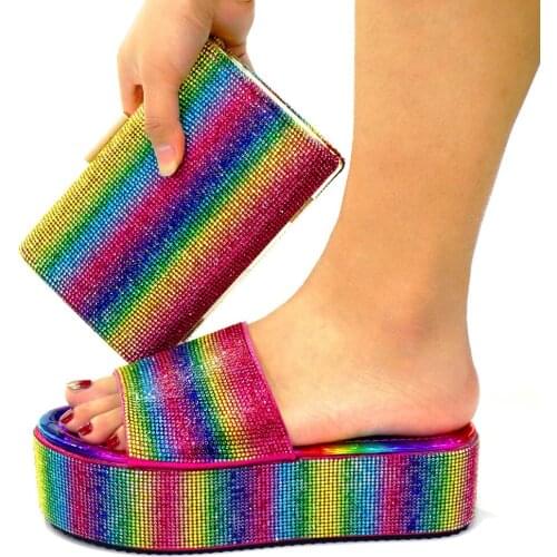 Comfortable Heels New Design Nigerian Women Shoes and Bag to Match in Rainbow Color Decorate with Rhinestone for Wedding Party