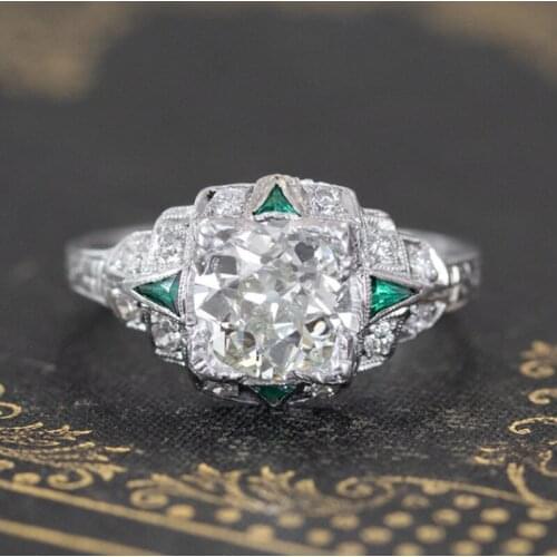 Vintage Female White Green Zircon Ring Charm Silver Color Wedding Rings For Women Luxury Bride Crystal Square Engagement Ring