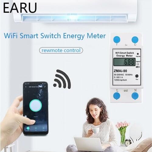 WiFi Smart Power Energy Meter Consumption Watt kWh Meter Voltmeter 90-250V Din Rail Remote Switch Control TUYA Alexa Google Home