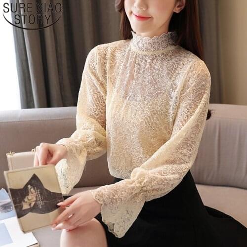 2020 Spring Fashion Long Sleeve Hollow Horn Sleeve Women Tops and Blouses Solid White Apricot Base Lace Shirts Female 8144 50
