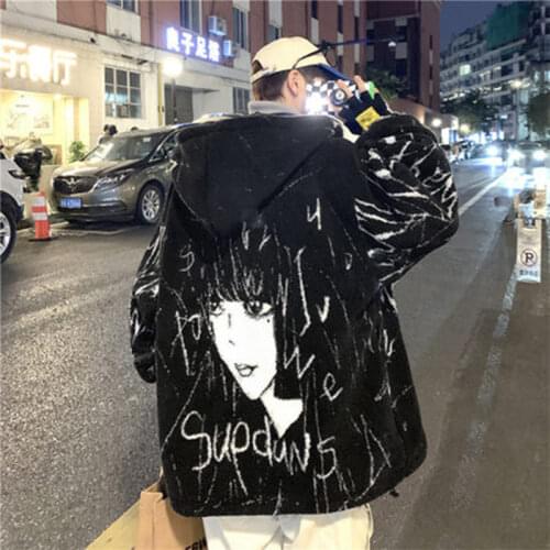Lambswool Hoodies Jacket Men Manga Girls Print Anime Jackets Couple Harajuku Loose Chaquetas Male Hip Hop Oversize Streetwear