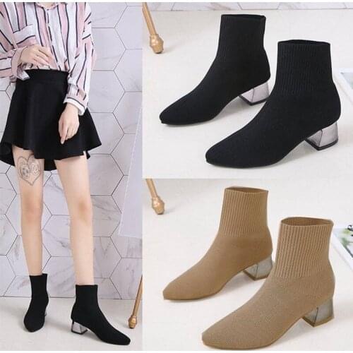 Women Sock Boots Ladies Knitting Air Mesh Shoes Breathable Women Casual Comfortable Ankle Boot Female Mid Thick Heels Footwear