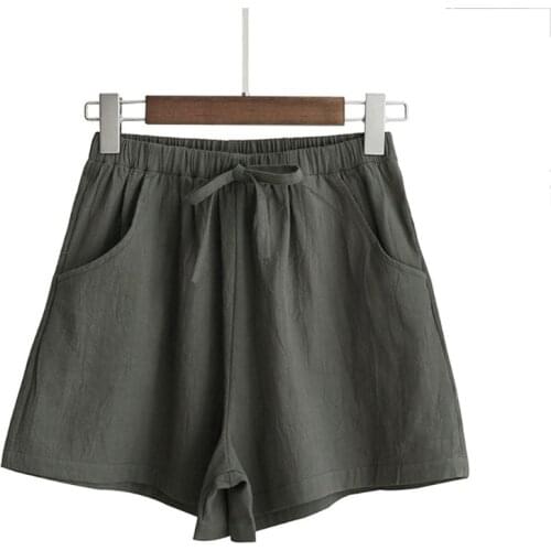 Women High Waist Cotton Linen Shorts Drawstring Waist Wide Leg Loose Short Pants E15E