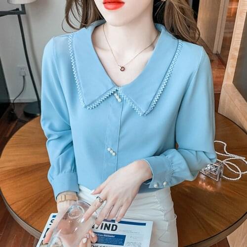 2021 Spring Autumn Tops Beading Peter Pan Collar Pullover Shirt Women Blouses Korean Fashion Clothes Long Sleeve Chemisier Femme