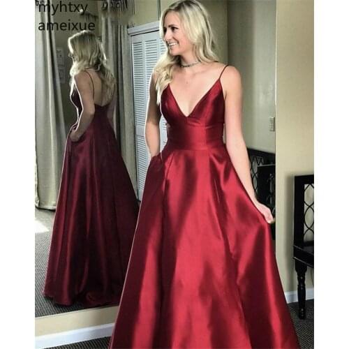 New Dark Red Sexy Cheap V-neck Spaghetti Straps A-line Flooor Length Zipper Back Satin Plus Size Evening Dresses Robe De Soiree