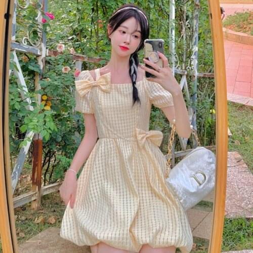 Plaid Dresses for Women Off Shoulder Summer Puff Sleeve Bow Slash Neck A-line Short Dress Chic Female Clothing Korean Fashion