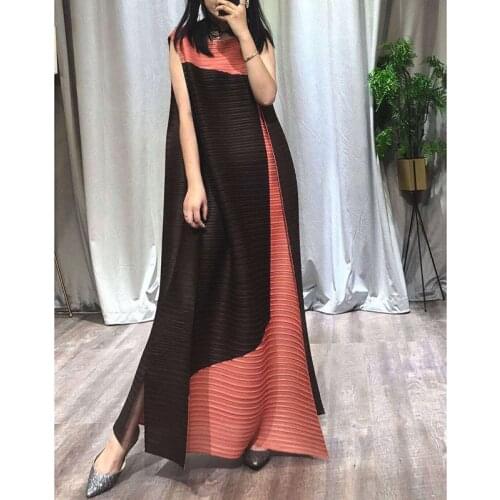 Miyak Pleated Hit The Color Loose Plus Size Elegant Midi Dress Women Summer Sleeveless Casual Split Fork Organ Dress Female