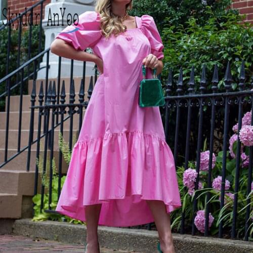 2020 Summer Woman Casual Loose Dress Square Collar Puff Sleeve Long Plus Size Dresses For Women Fashion Autumn Vestidos Mujer