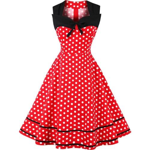 Polka Dot Print Women Harpber 50s 60s Vintage Dress 2020 Bowknot Square Collar Elegant Summer Party Dress Cotton Retro Vestidos