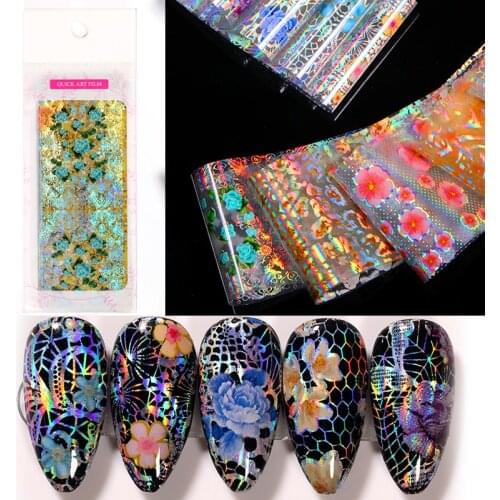 10Pcs/Lot Colorful Flowers Nail Foils Nail Foils Flower Laser Mixed Size Transfer Sticker Decals Nail Art Design