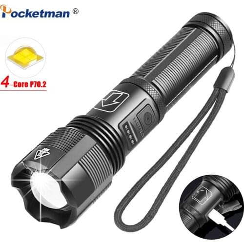 30000LM 4 Core XHP70.2 LED Flashlight 5 Lighting Modes Flashlight Waterproof Zoomable Flashlight USB Rechargeable Flashlight