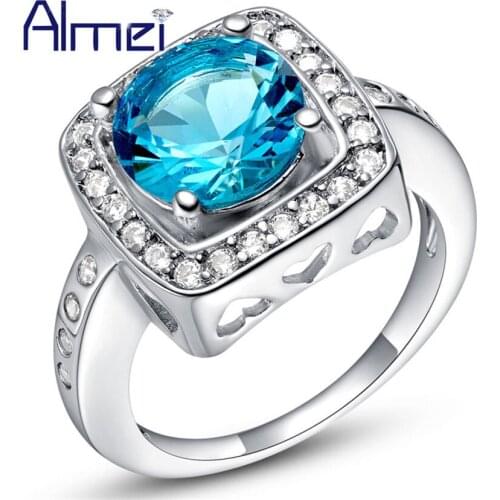 Almei Rings Silver Color Fashion Big Crystal Pink/Red/Blue/Purple for Women Wedding Bridals Engagement Girls Anel De Pedra J475