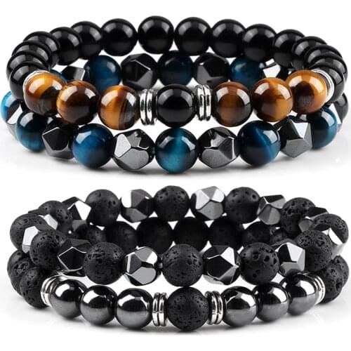 2pcs Irregular Hematite Lava Stone Bracelet Men Fashion 8mm Natural Tiger Eye Beads Couples Bracelets for Women Friends Jewelry