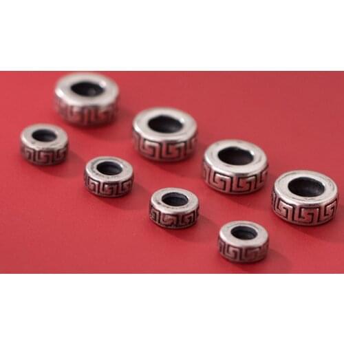 2pcs/lot 925 Sterling Silver Retro Wheel Shape BIg Hole Loose Beads 6mm 8mm Geometry Pattern Space Silver Beads Fit Diy Jewelry