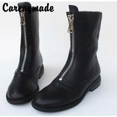 Careaymade-Fall and winter front zipper boots in women show thin Fashion real cowhide original plus velvet cotton boots