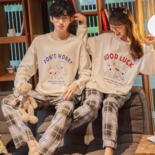 Couple spring and autumn tight match double-sided cotton round neck Pullover long sleeve trousers comfortable couple pajamas CKE