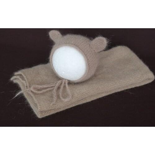 Khaki Newborn Textured Sweater Wraps bonnet set for Photography props Knitted stretch Jersey wrap blanket Crochet mohair hat set