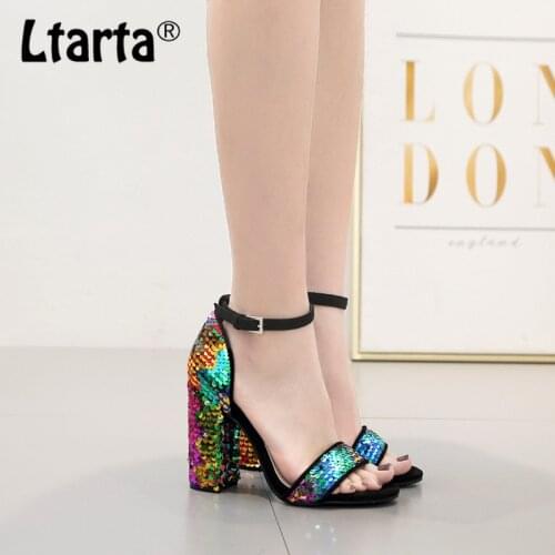 LTARTA Classic colorful Square Heels Sandals Cool Summer 2019 New Colorful Sequins Classic Word With Thick Sandals JXQ-019-1